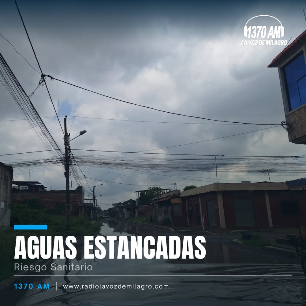 Calle inundada con agua estancada entre casas bajas, cielo nublado; texto Aguas estancadas, riesgo sanitario.