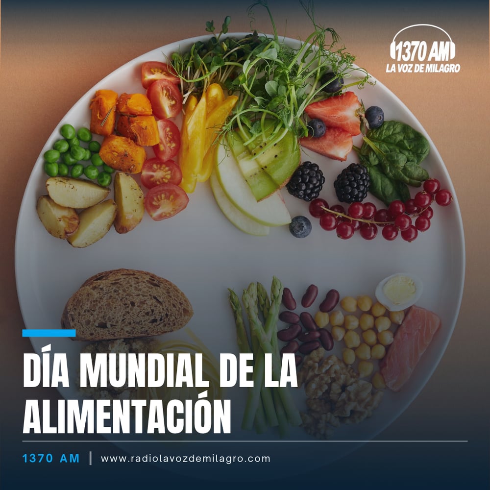 Plato blanco con frutas, verduras, legumbres, pan y salmón, junto al texto Día Mundial de la Alimentación de 1370 AM.