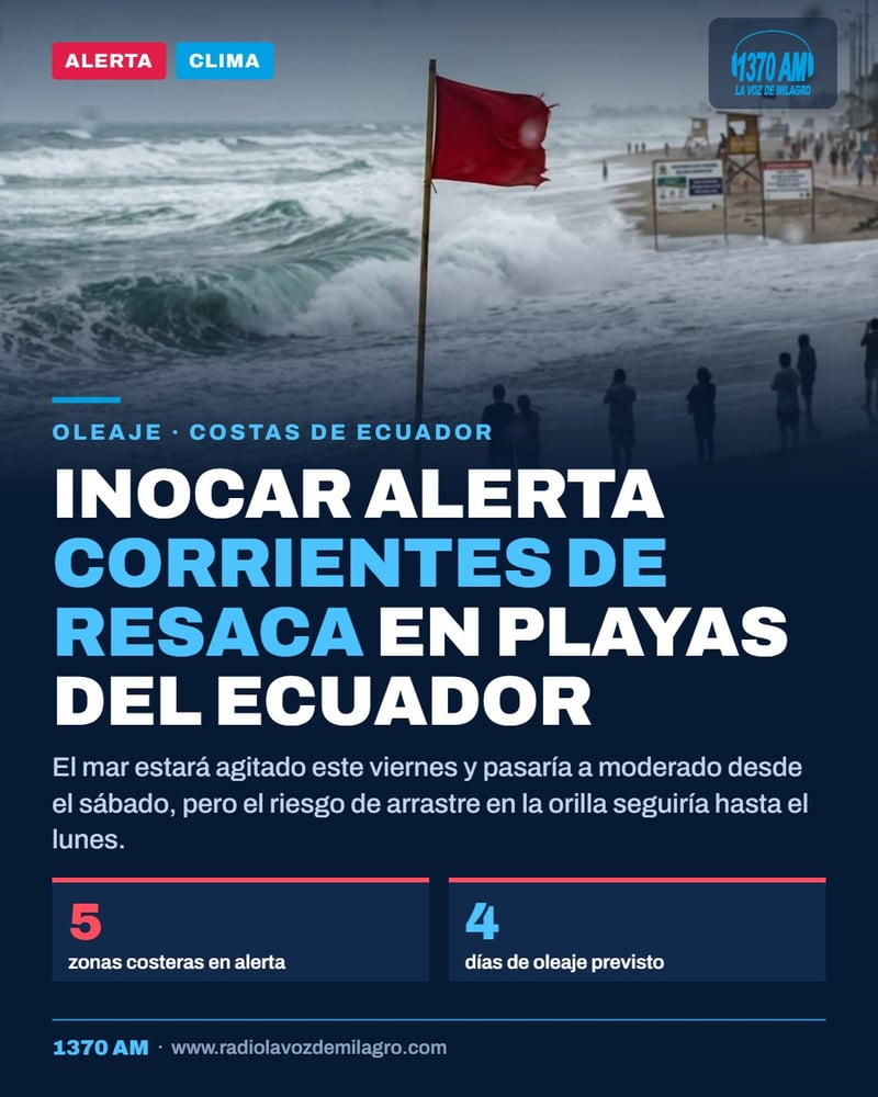 Inocar advierte sobre oleaje y corrientes de resaca en varias zonas costeras de Ecuador