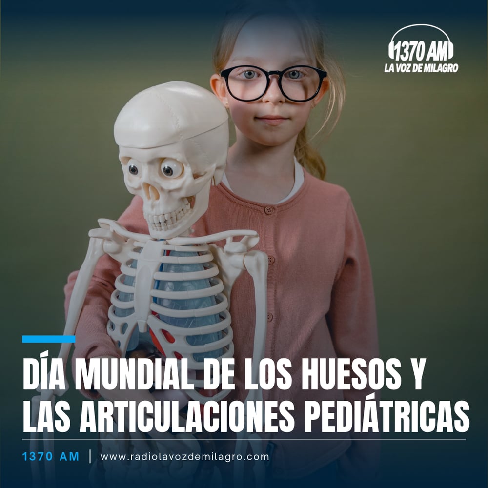 Niña con gafas sostiene un esqueleto de juguete; texto Día Mundial de los Huesos y las Articulaciones Pediátricas.