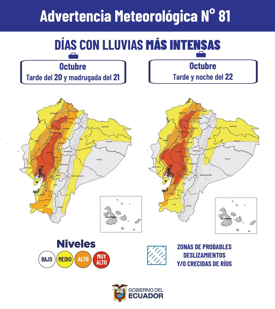 Advertencia Meteorológica N°81 del Gobierno de Ecuador con mapas de niveles de lluvia para el 20-22 de octubre