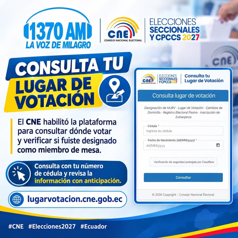Captura del formulario del CNE Consulta tu Lugar de Votación con campos de cédula y fecha de nacimiento, para las Elecciones Seccionales y CPCCS 2027.