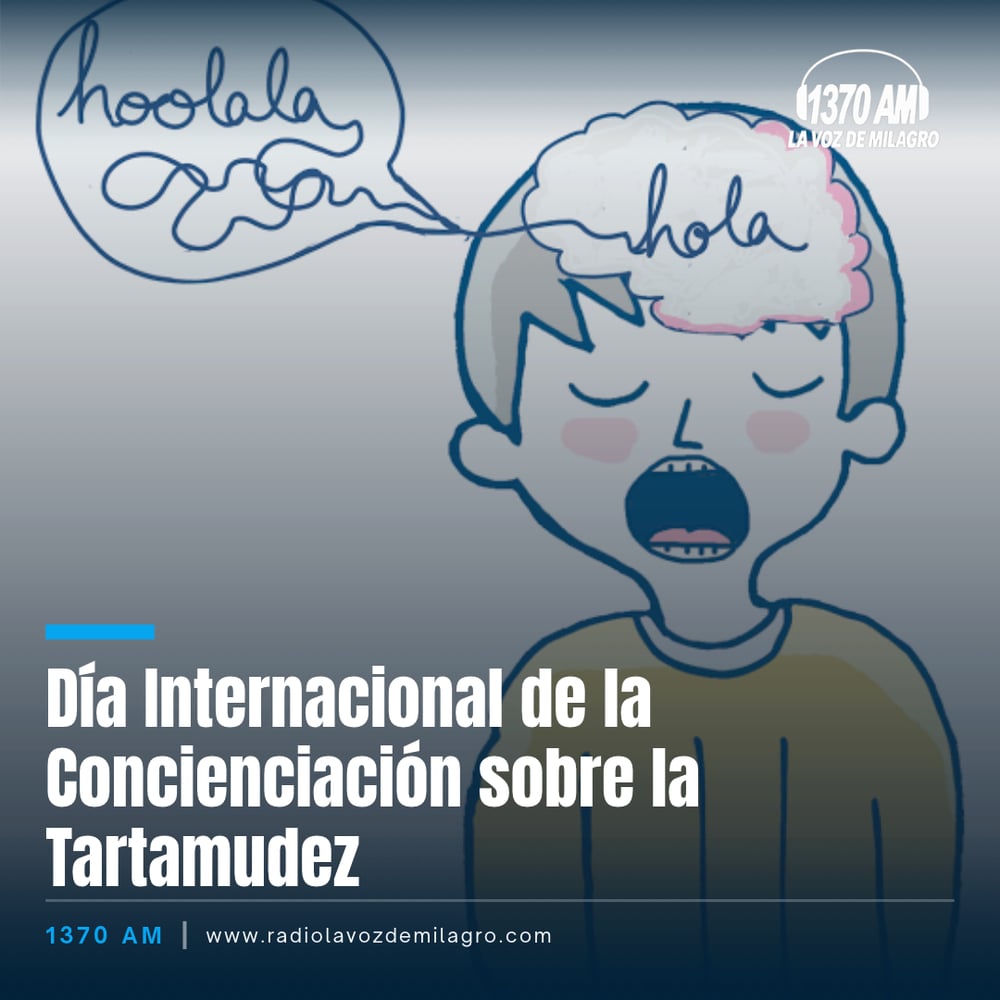 Ilustración de un niño con los ojos cerrados diciendo hola enredado, con el texto Día Internacional de la Concienciación sobre la Tartamudez.