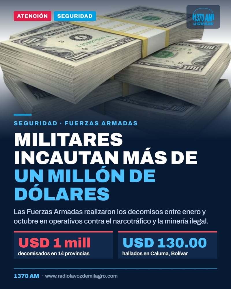 Ejército ecuatoriano decomisa más de un millón de dólares en efectivo durante operativos en 14 provincias
