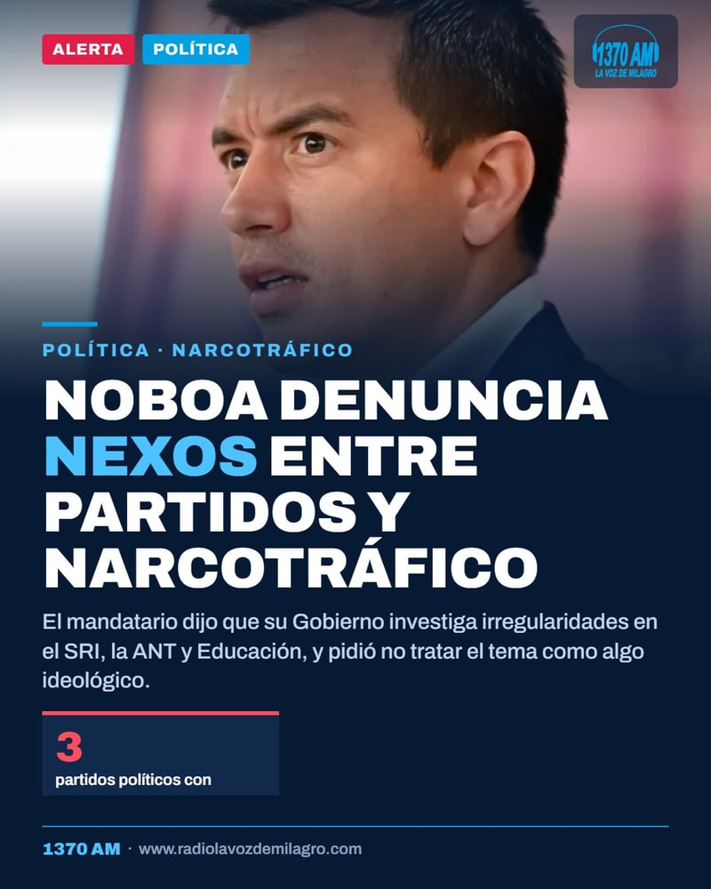El presidente de Ecuador, Daniel Noboa, se refirió a presuntos actos de corrupción en instituciones públicas y cuestionó posibles vínculos entre organizaciones políticas y el narcotráfico.