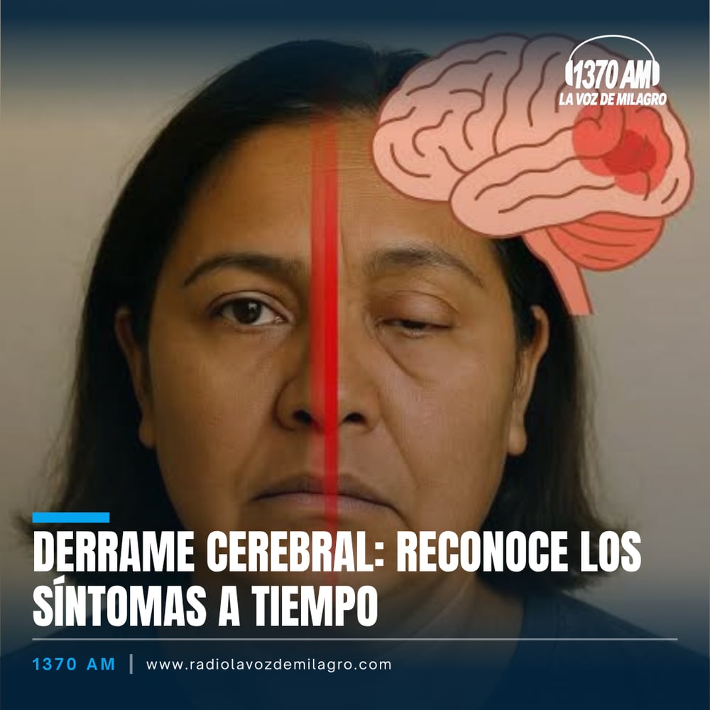 Rostro de una mujer con un párpado caído, dividido por una línea roja, junto a ilustración de un cerebro con una zona de sangrado marcada en rojo.