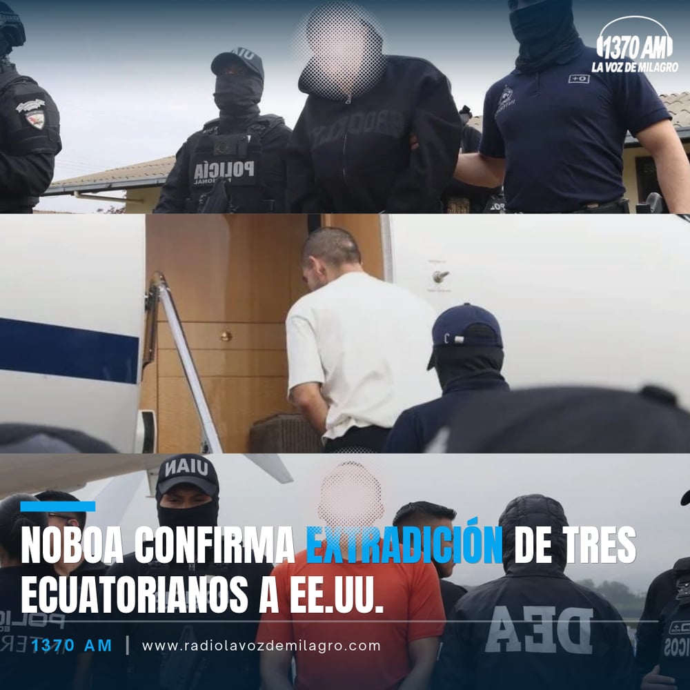 Detenidos esposados y con rostro pixelado son escoltados por policías hacia un avión, con el titular Noboa confirma extradición de tres ecuatorianos a EE.UU.