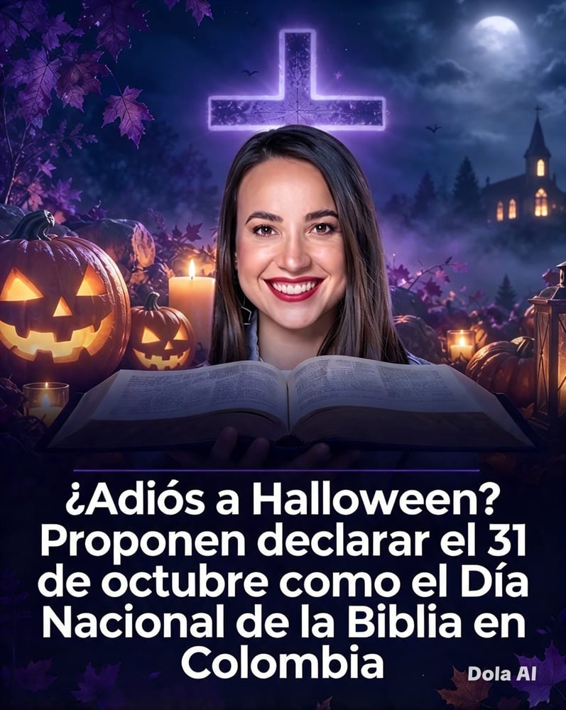 Mujer sonriente sostiene una Biblia abierta ante una cruz iluminada, calabazas y una iglesia de noche; texto: Día Nacional de la Biblia en Colombia.